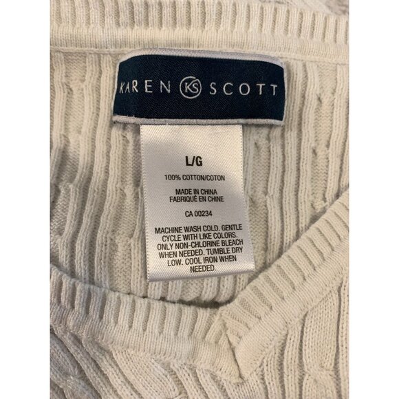 Karen Scott Cable Knit Sweater White V-neck Preppy - Picture 5 of 7